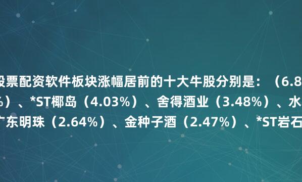 股票配资软件板块涨幅居前的十大牛股分别是：（6.88%）、流金科技（4.5%）、*ST椰岛（4.03%）、舍得酒业（3.48%）、水井坊（2.92%）、广东明珠（2.64%）、金种子酒（2.47%）、*ST岩石（2.44%）、会稽山（2.31%）、皇台酒业（1.88%）、迎驾贡酒（1.57%）、ST通葡（1.51%）、古越龙山（1.3%）、口子窖（1.16%）、老白干酒（1.15%）、洋河股份（1